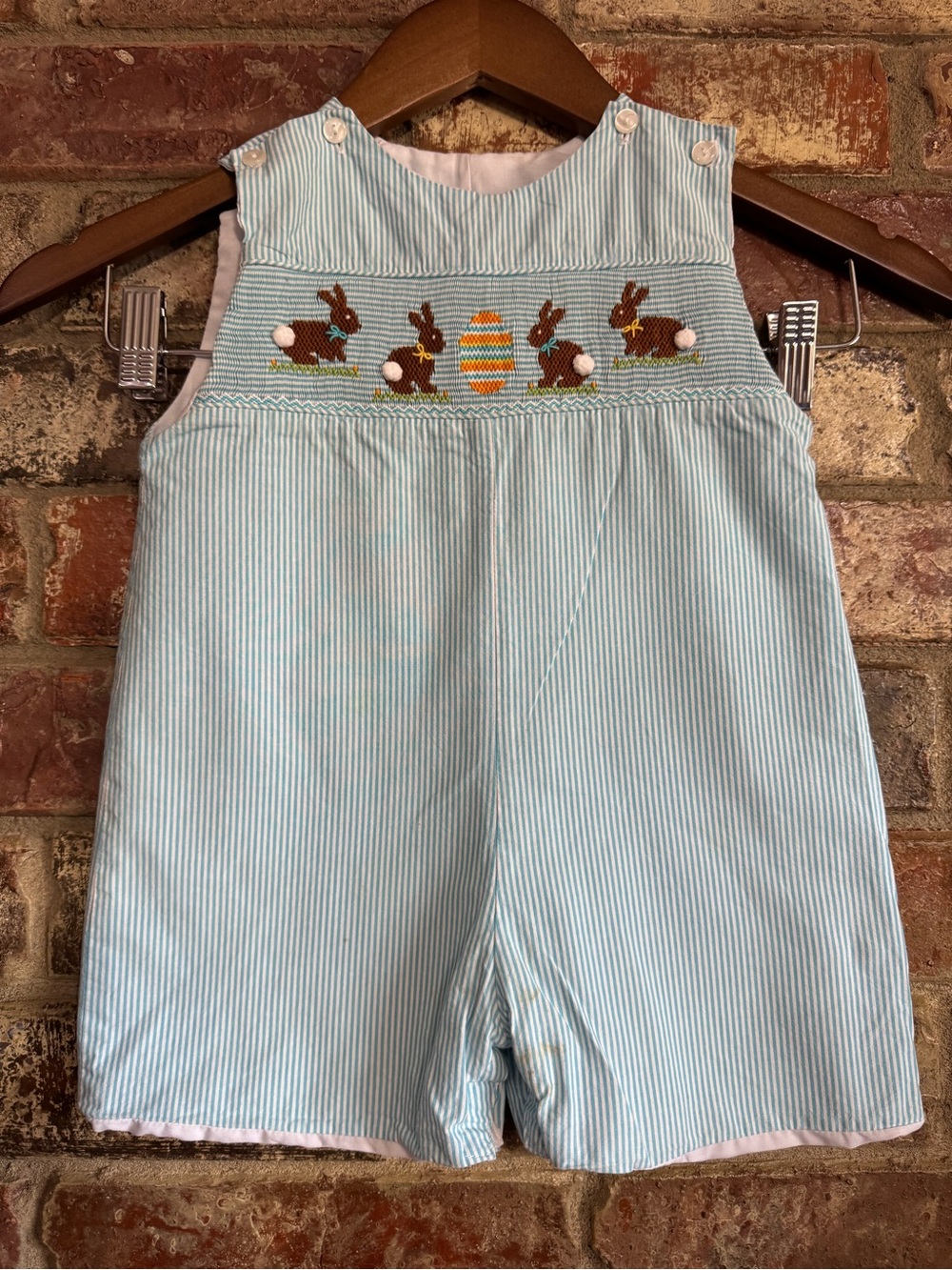 ANAVINI Blue Striped Smocked Seersucker Bunny Shortall - Kids
